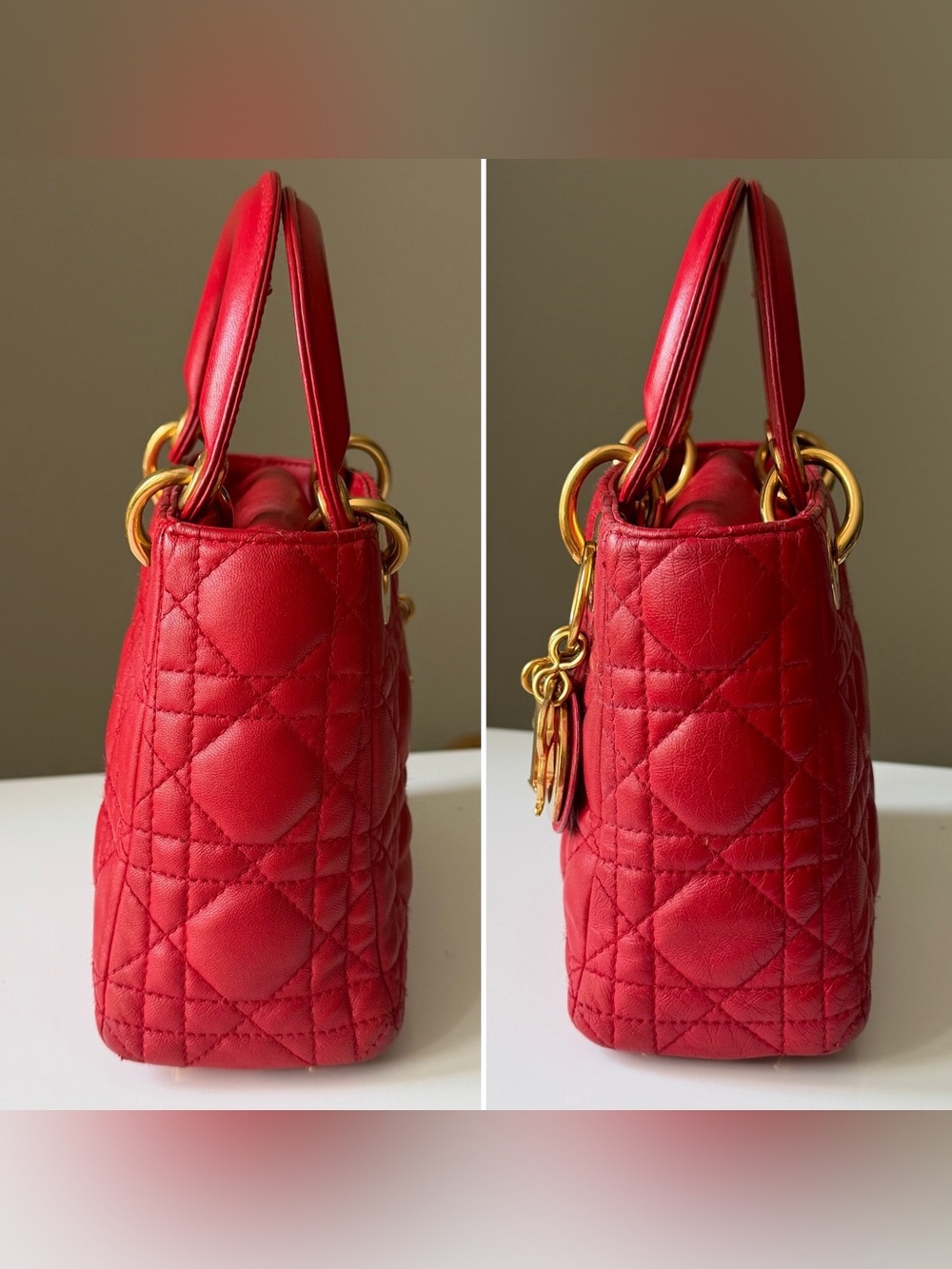 Christian Dior Lady Dior Mini Cannage Lambskin Bag Red Gold Hardware w/ Strap - Picture 7 of 13